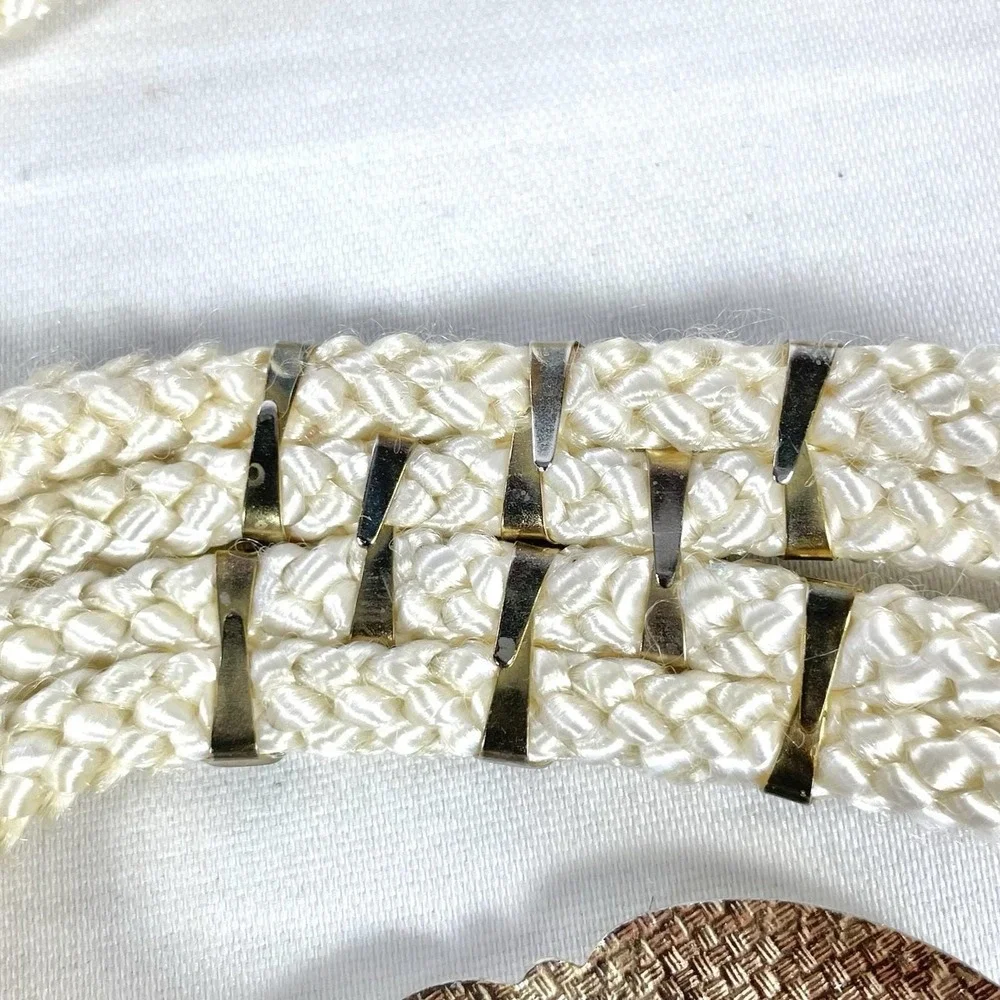 Vintage‎ 80s Cream Braided Rope Belt Orchid Floral Gold Tone Buckle 36
